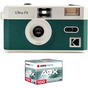 KODAK Pack F9 Argentique + Pellicule 100 ASA - Appareil Photo Kodak Rechargeable 35mm Vert, Objectif Grand Angle Fixe, Viseur optique , Flash Intégré + Pellicule APX 100, 36 poses