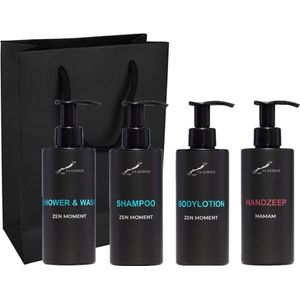 Compleet pakket Zen Moment - Shower & Wash + Shampoo + Bodylotion + Hamam Handzeep - 300 ml per fles - complete set van 4 stuks - met luxe gift tas - cadeau - giftset voor hem en haar