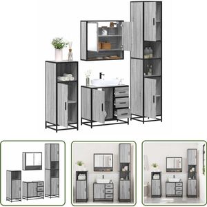 The Living Store 4-delige Badkamermeubelset bewerkt hout grijs sonoma eikenkleur - Badkamermeubilair - Badkamerinrichting - Wastafelkast - Spiegelkast - Opslagoplossing