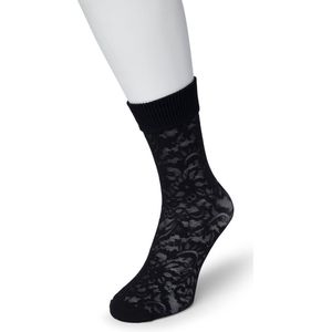 Bonnie Doon Dames Sokken met Kant maat 36/42 Donker Blauw - Panty Sokjes - Doorschijnende Sokken - Feestelijk - Semi Transparant - Kanten Sokken - Bloem Patroon - Uitstekende Pasvorm - Flower Sock - Donkerblauw - Navy - BP201101.102