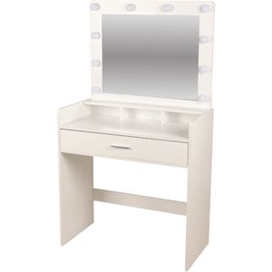 Urban Living Make-up tafel/Kaptafel Livy - hout - wit - 80 x 40 x 143 cm - met 10 lampjes
