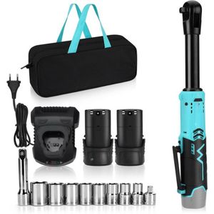 Ratelset - Ratelsleutel - Dopsleutelset - Draadloze - Elektrische - 12V - met Koffer - 10 Dopsleutels - LED-verlichting - Snel Opladen - 2 x 2000 mAh - 60 Nm - Krachtige motor - ‎41 x 16.5 x 9 cm - Turkoois