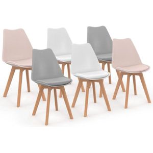 Set van 6 Scandinavische stoelen SARA Mix Color Pastel Rose x2, lichtgrijs x 2 en wit x2