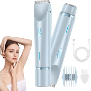 2-in-1 scheerapparaat voor dames - Elektrisch scheerapparaat met twee koppen - Waterdicht, nat en droog - Epilator - Bikinilijntrimmer - Trimmer voor dames - Blauw