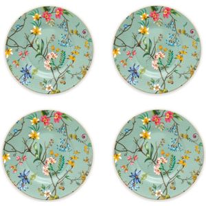 Pip Studio Jolie set van vier petit four bordjes 12cm groen porselein met bloemen