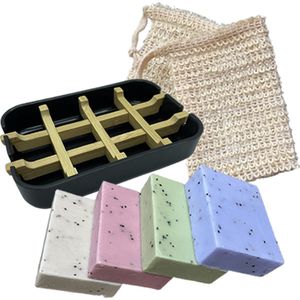100% Natuurlijke, duurzame Voordeelbundel #1 - 4x Vegan zeep bar (1x rozen, 1x lavendel, 1x kokos en 1x groene thee) - 2x sisal bag, 1x zeephouder kleur: zwart