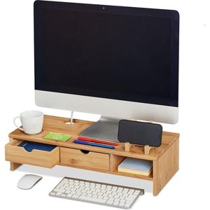 Monitorstandaard bamboe met open vak en 2 lades - verhoging voor beeldscherm en laptop - HBD 13 x 54 x 23 cm naturel
