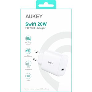Aukey PA-F1 - USB C 3.0 Oplader 18W Wit - Geschikt voor Apple Iphone – Samsung