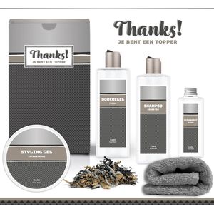 Geschenkset ""Thanks! Je bent een topper"" - 5 Producten - 900 Gram | Giftset voor hem - Luxe cadeaubox man - Douchegel - Shampoo - Styling Gel - Vader - Wellness - Pakket - Cadeau set - Bedankt - Thank You - Broer - Vriend - Collega - Zilver