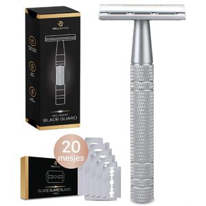 Wellshave Safety Razor Grijs - RVS + 20 Scheermesjes - Vrouwen & Mannen - Scheermes - Veiligheidsscheermes - Double Edge - Single Blade