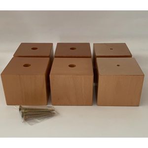 Set van 6 stuks houten meubelpoten Natuurkleur beuken 6 cm hoogte 7x7 cm met schroeven Boxspring bedden banken