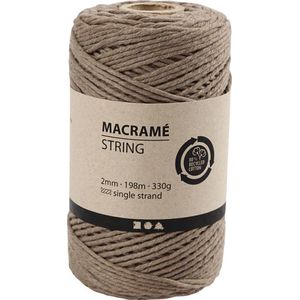 Macramé Koord, L: 198 m, 2 mm, Lichtbruin, 330 gr, 1 Rol