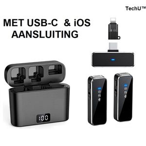 TechU™ 2 Stuks Draadloze Microfoon Mini – Aansluiting voor iOS Apple & USB-C Android – Audio, Interview & Podcast Opnemen – Inclusief Opbergdoosje – Zwart