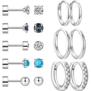 Hypoallergene oorbellensets - 8 paar chirurgisch staal - platte achterkant - Huggie Hoop en stekeroorbellen - meerdere piercings - sterling zilver/goud - dames en heren - Meerkleurig - maat L .