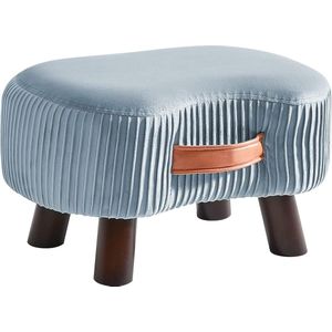 Voetkruk, zitbank met handvat, gebogen opstapkruk met zacht zitkussen, gestoffeerde kruk van fluweel, massief hout, voor woonkamer, kinderkamer, 40 x 28 x 23 cm, grijs-blauw