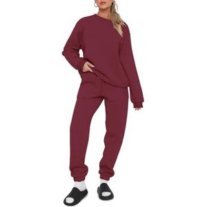 Dames Katoenen Ronde Hals Trainingspak Set - Lange Mouw Tweedelige Outfit - Plus Size Lounge Wear Set