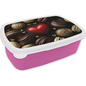 Broodtrommel Roze - Lunchbox Macarons - Rood - Hart - Brooddoos 18x12x6 cm - Brood lunch box - Broodtrommels voor kinderen en volwassenen