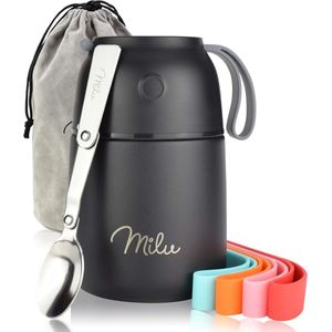 Milu® Thermos Voedselcontainer met Lepel | 450 ml, 650 ml, 800 ml | RVS | Thermosbeker, Thermo Lunchbox, Babyvoeding, Container om eten warm te houden, Thermische Lunchpot, Muesli To Go / Yoghurt Beker To Go, Zwart, 450ml