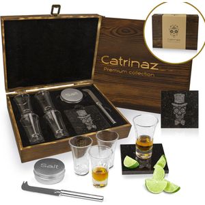Catrinaz® - Shotglazen set - Tequila glazen - Premium borrelglaasjes - 6 cl - 4 st - snijsteen - snijmesje - zoutpotje - Mexicaanse Skull - Luxe houten gift box - Uniek geschenk - Inclusief E-BOOK Tequila, Mezcal - Vaderdag cadeau
