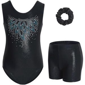 Driedelige Gymnastiekset voor Meisjes - Mouwloos Turnpakje met Korte Broek en Haarband - Sprankelend Danspakje voor 3-12 Jaar
