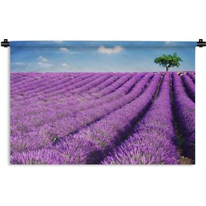 Wandkleed De lavendel - Rollende lavendelheuvels met een boom Wandkleed katoen 60x40 cm - Wandtapijt met foto