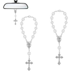 Achteruitkijkspiegel Rozenkrans met St. Christopher en crucifix voor auto en aanhanger met beschermengel - set van 2