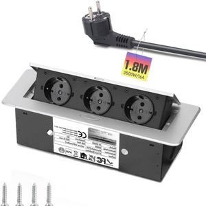 Inschuifbaar Inbouwstopcontact – 3-voudig Tafelblad Stopcontact, 3500 W / 16 A / 230 V, Verzonken Stekkerdoos met 1,8 m Kabel, Niet-Brandbaar tot 750 °C – Zilve