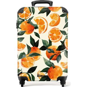 NoBoringSuitcases.com® - Handbagage koffer lichtgewicht - Reiskoffer trolley - Beige met sinaasappels en bladeren - Rolkoffer met wieltjes - Past binnen 55x40x20 en 55x35x25