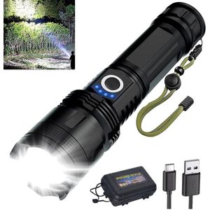 LED Zaklamp - 100000 Lumen - Militaire LED Zaklamp - USB C Oplaadbaar - Inclusief 5000 mAh Batterij & Opbergdoos & Euro-stekker - 5 modi - IP X6 waterdicht - Telescopische Lens - voor Kamperen & Wandelen - Aluminium – Zwart