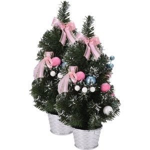 2x stuks kunstbomen/kunst kerstbomen inclusief kerstversiering 40 cm - Kunst kerstbomenpjes/kunstboompjes - Kerstversiering