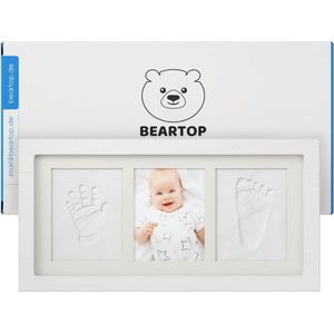 BEARTOP Premium gipsen babyhand en -voet | met 2 comfortabele afdrukcompartimenten | inclusief mooie moderne houten fotolijst | met echt plexiglas