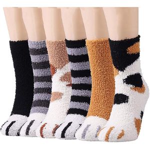 QTTVBTNA - Dames Warme Winter Sokken - Pluche Sokken - Huissokken - Comfortabele Slaapsokken - Geschenk Vrouw - Kattenpoot Ontwerp - Kerstcadeau - 6 Paar