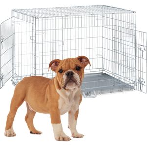Relaxdays hondenbench - draadkooi hond - transportbox - hondenkooi - 2 deuren - zilver - XL