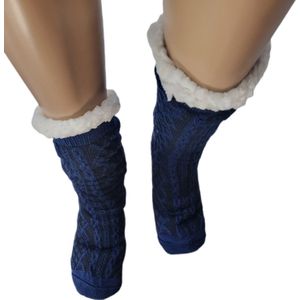 Huissokken - Warme wintersokken - Thermo - Gevoerd - Unisex - Kleur Donkerblauw - Effen Kabel motief - Maat 41-46 -Huissokken - Anti-slip - Cadeau - Vaderdag - Moederdag - Kerst