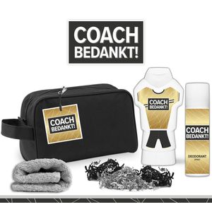 Geschenkset ""Coach bedankt!"" - 4 producten - 500 gram | Toilettas - Cadeau - Man - Toernooi - Voetbal - Volleybal - Hockey - Handbal - Basketbal - Korfbal - Trefbal - Waterpolo - Rugby - Sport - Wedstrijd - Showergel - Giftset - Trainer - Goud