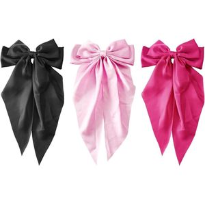 Set van 3 Grote Boog Haarnalden in Roze, Zwart en Satijn - Voor Meisjes en Dames - Haaraccessoires