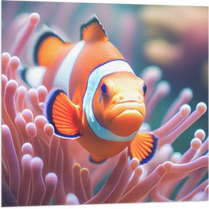 Vlag - Oranje Clownvis zwemmend tussen Roze Koraal - 80x80 cm Foto op Polyester Vlag