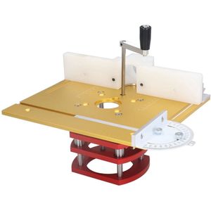 Universele router lift kit met houten tafelbasis en bovenplaat in goudkleur, ideaal voor graveren, frezen en afschuinen met stevige en nauwkeurige bediening
