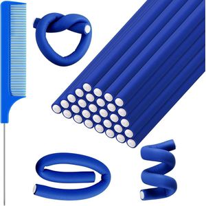 Allecto plus - Flexibele Krulspelden Set met Kam - 30 Stuks - Voor Lang en Kort Haar - Blauw - Geen Hitte - Dames Meisjes - Haarrollers - Zacht Schuim - Rattenstaart Kam