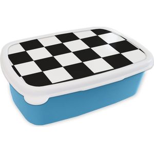 Broodtrommel Blauw - Lunchbox - Brooddoos - Schaakbord - Patronen - Zwart Wit - 18x12x6 cm - Kinderen - Jongen