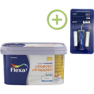 Flexa Mooi Makkelijk - Vloeren en Trappen - Mooi Ijswit 2,5 liter + Flexa Lakroller - 4 delig