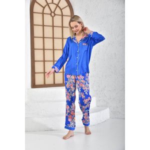 Satijn Dames 2- Delige -Pyjama- Luxe Pyjamaset- Nachtkleding Blauw Bloemen Print Maat S