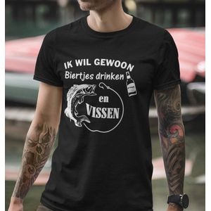 Heren T-Shirt zwart: Ik wil gewoon biertjes drinken en vissen. Vaderdag verjaardag tip. Maat M