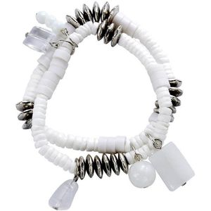 Behave Elastische armband wit met schelpkralen en glas hangers 8mm dikte