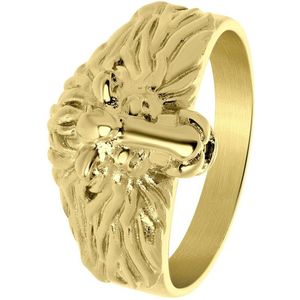 Lucardi Heren Goldplated ring met leeuwenkop - Ring - Cadeau - Vaderdag - Staal - Goudkleurig
