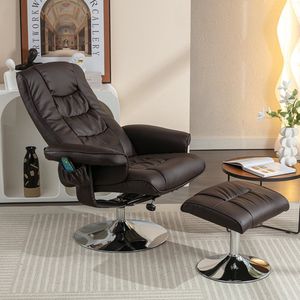 BLACKCOLORS Massagestoel met PU-vulling en voetenbank, voetsteun met 5-punts massageapparaat voor in de woonkamer en slaapkamer, bruin