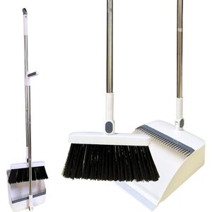 Bezem stofpan set - verticale lange steel - huishoudelijke reiniging sweep - wit