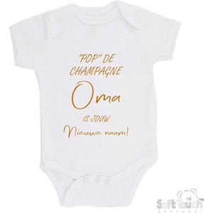 100% katoenen Romper """"Pop"" de champagne Oma is jouw nieuwe naam!"" Unisex Katoen Wit/tan Maat 62/68