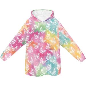 Oversized hoodiedeken Tie-dye vlinders sherpa sweatshirt voor vrouwen, warme knuffelige flanellen deken, bodydeken, eenheidsmaat