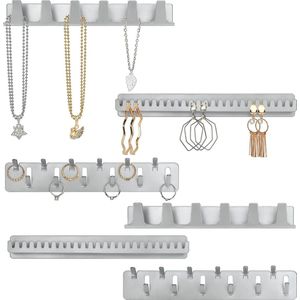 Set van 6 metalen opbergwand voor sieraden - opbergset voor oorbellen met 6 zelfklevende haken en pinnen - voor het opbergen van halskettingen, ringen, armbanden en oorbellen